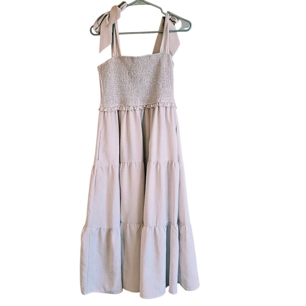 Listicle tan tie shoulder smocked midi dress size large prairecore